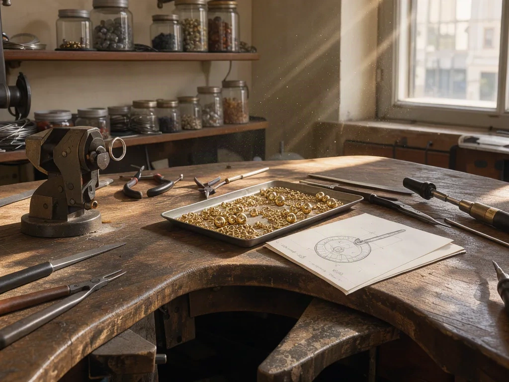 A goldsmith's bench in afternoon light, with tools and a piece in progress
