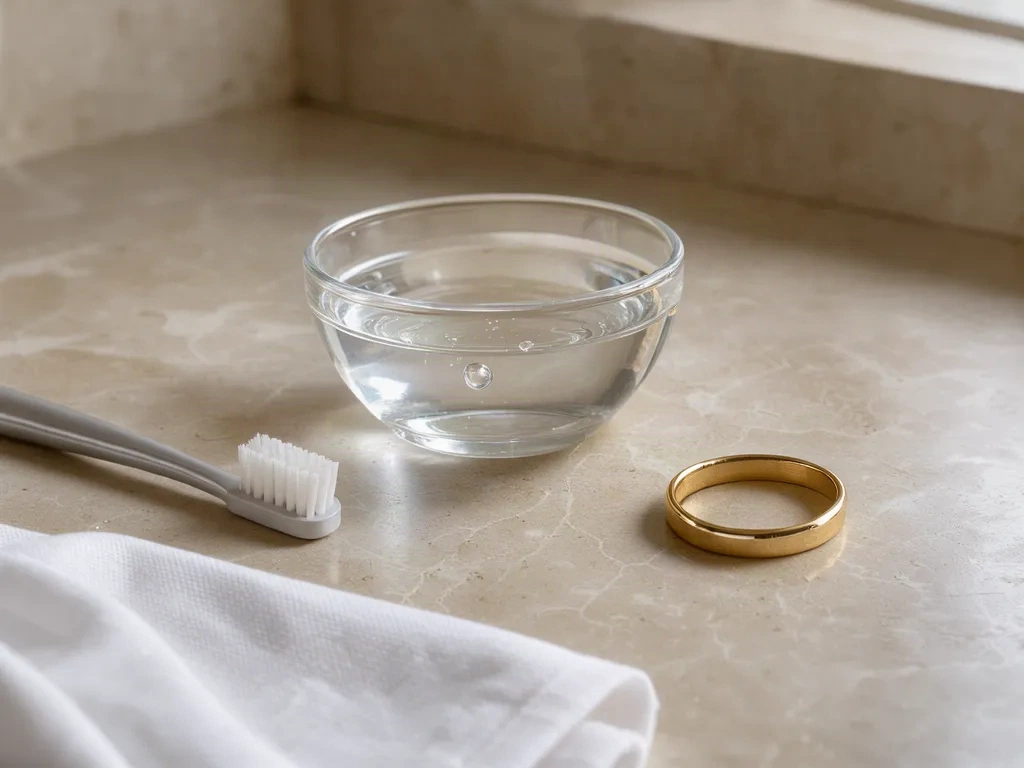 A gold ring being wiped with a soft cloth on a jeweller's bench