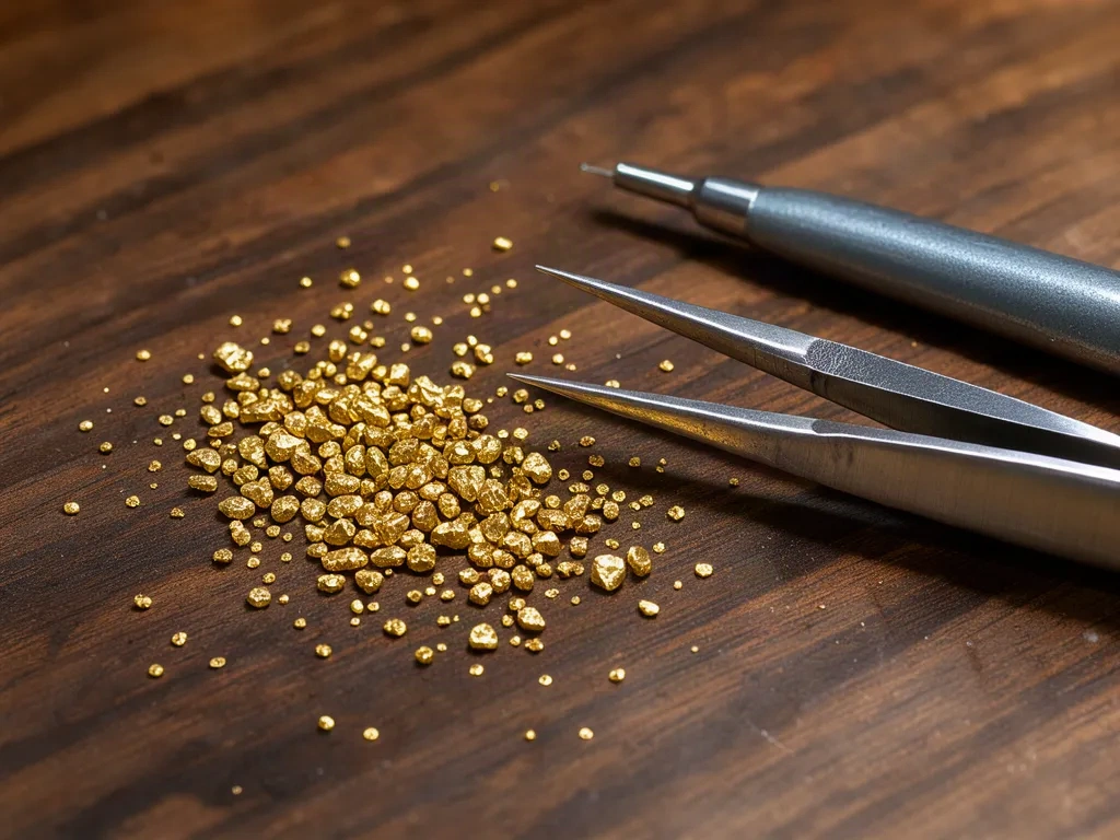 Granules of 18k gold with tweezers on a walnut worktop