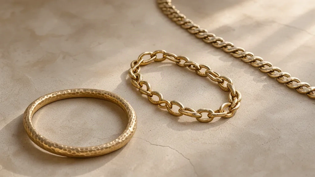 Three 18k gold bracelets laid diagonally on sandy plaster