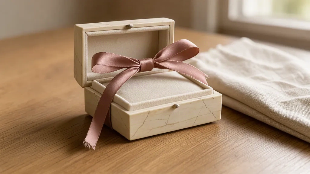 Ivory gift box with a rose ribbon on oak