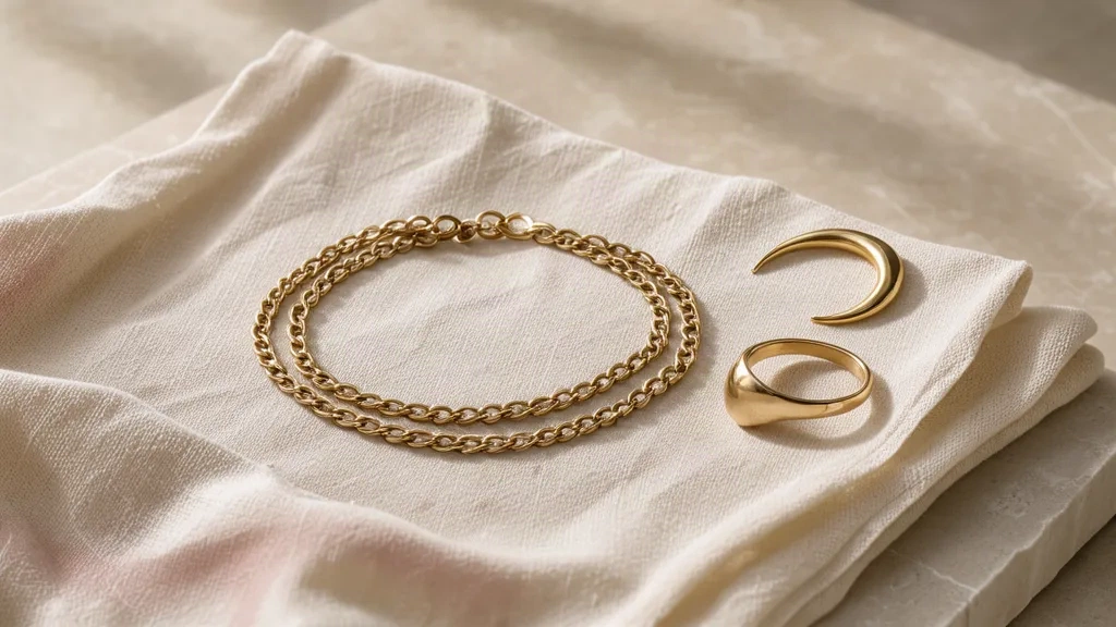 18k gold chain bracelet, signet ring and crescent pendant arranged on ivory silk