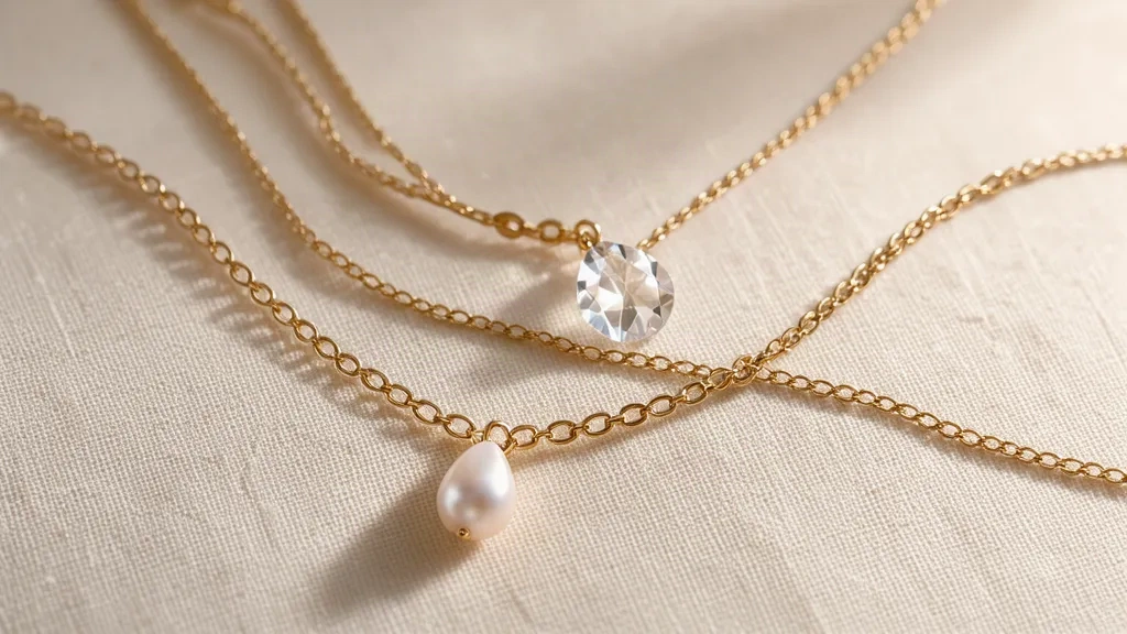 Two 18k gold necklaces on ivory linen