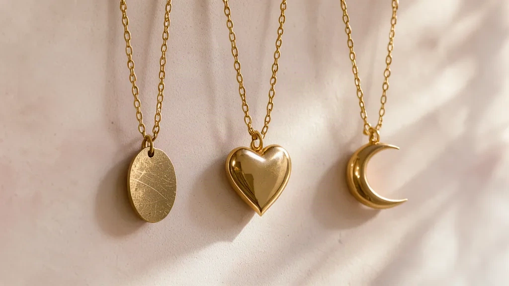 A heart, crescent and medallion pendant hanging on a plaster wall