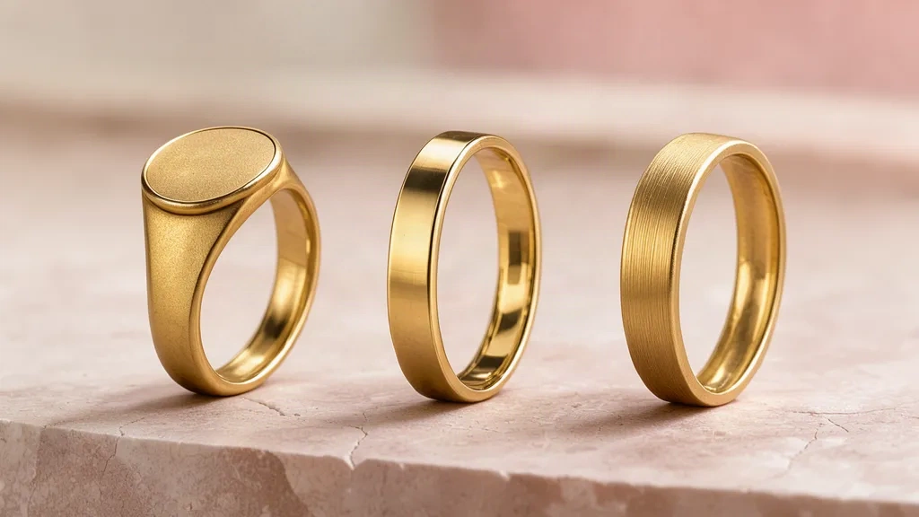 Three 18k gold rings standing on a rosé plaster ledge