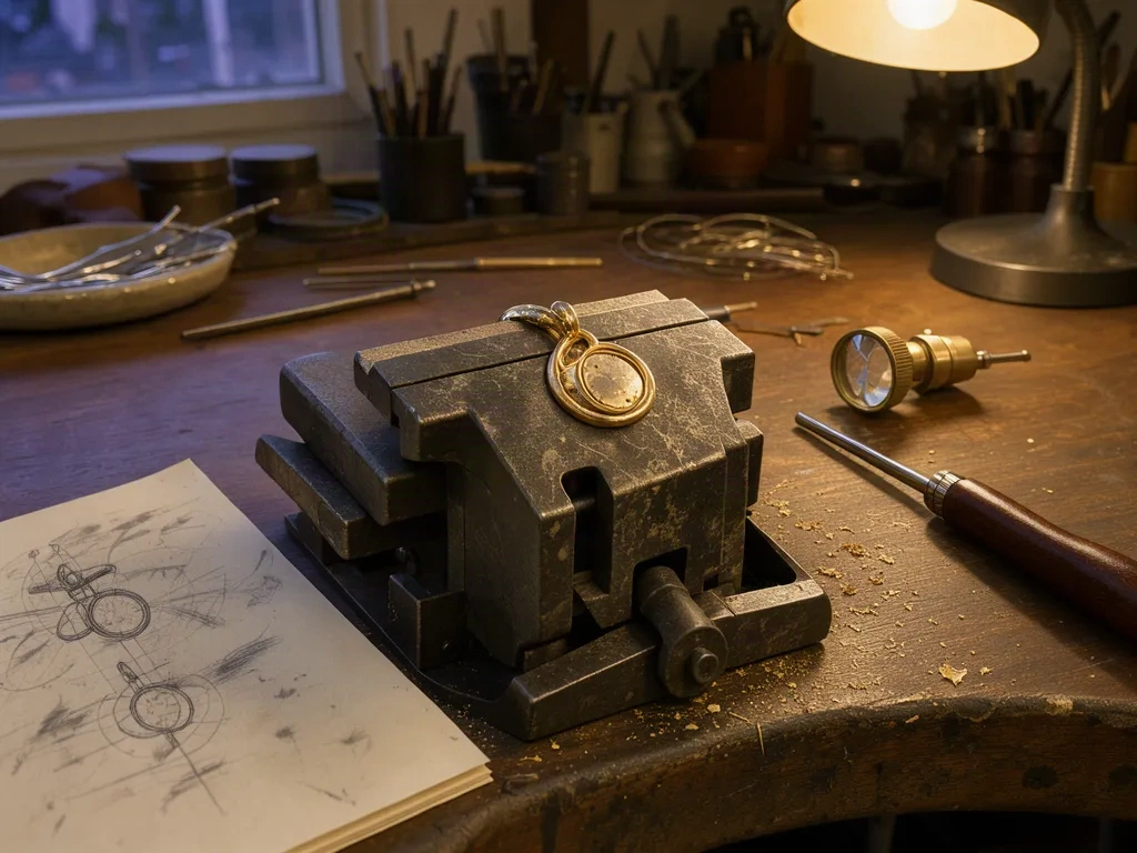 A pendant in progress with a loupe and sketches