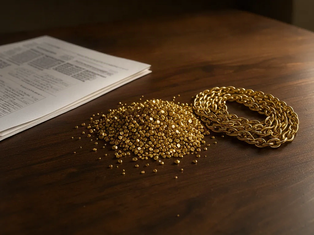 Gold granules and a chain on walnut beside a market page