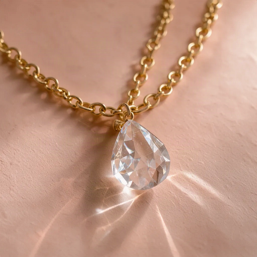 Drop of Light necklace with a hand-cut rock crystal drop on 18k gold
