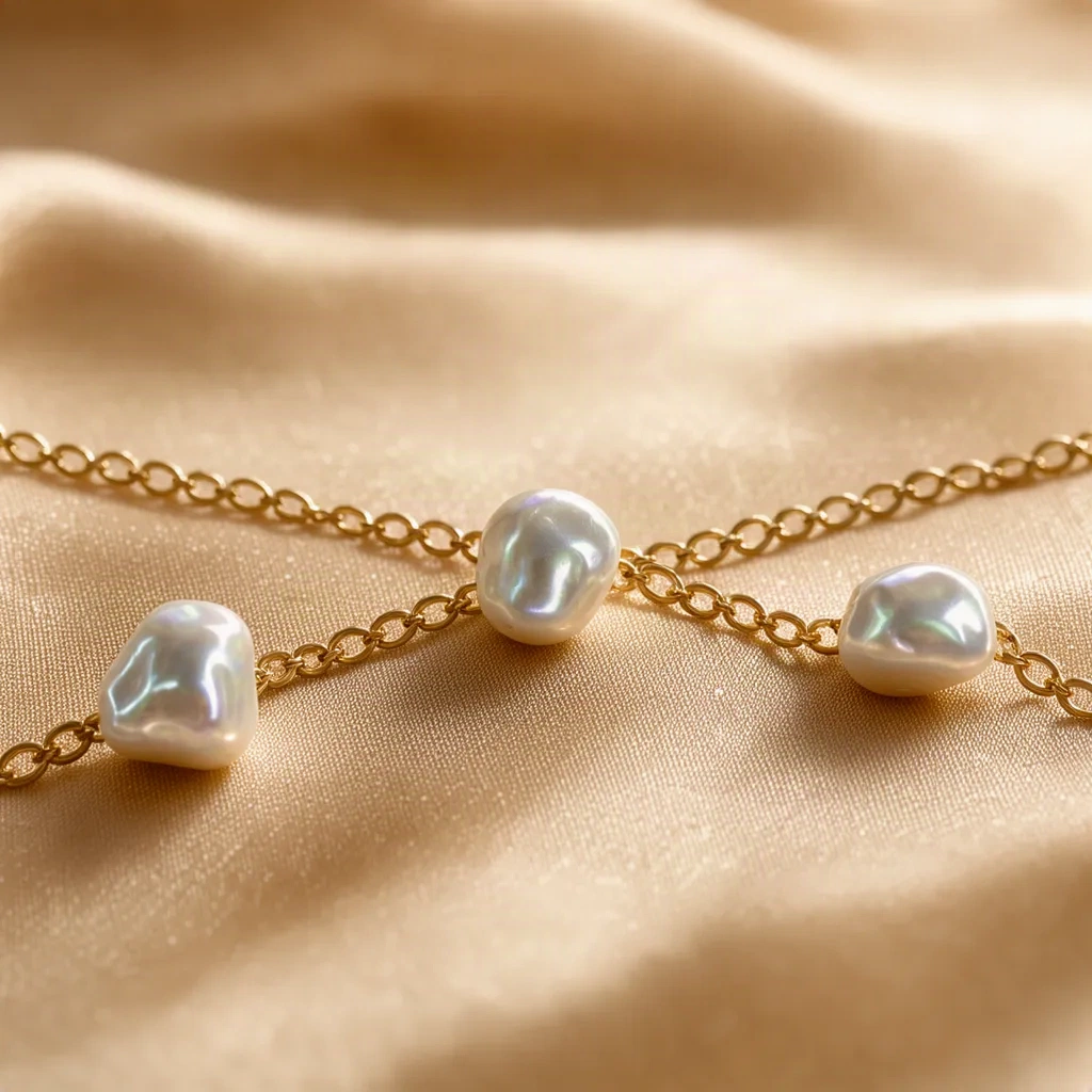 The Lune necklace with three baroque freshwater pearls on 18k gold, 42 cm