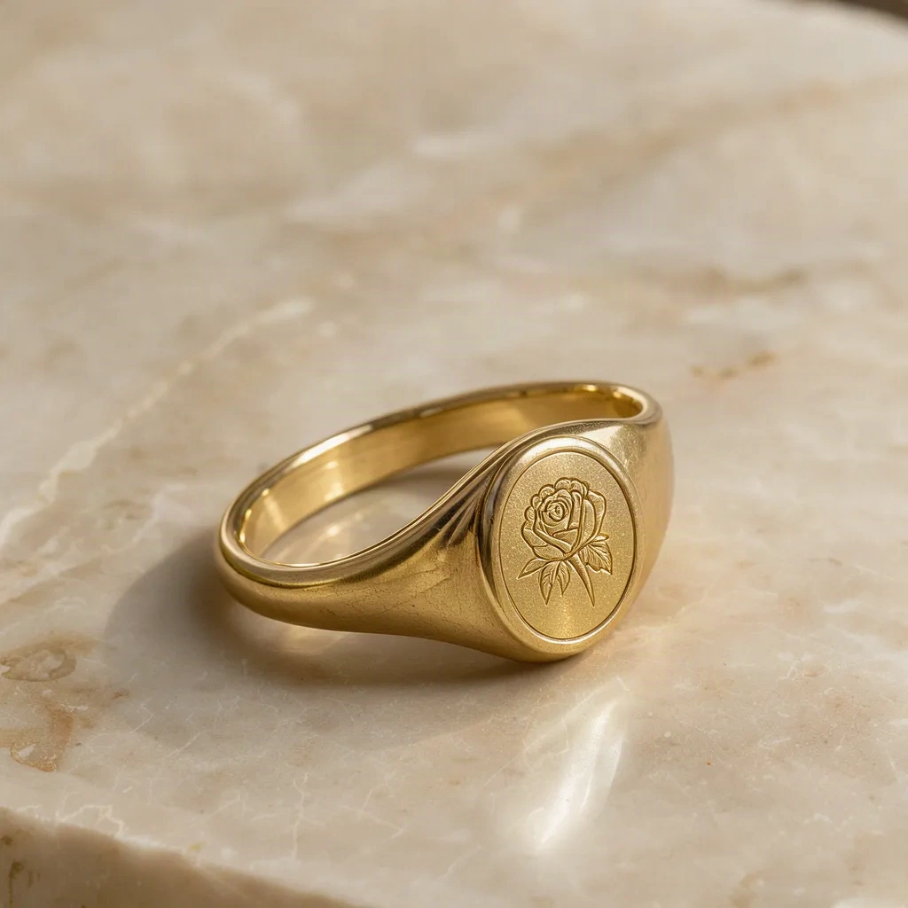 The Emily Rose signet ring in 18k yellow gold with an engraved rose